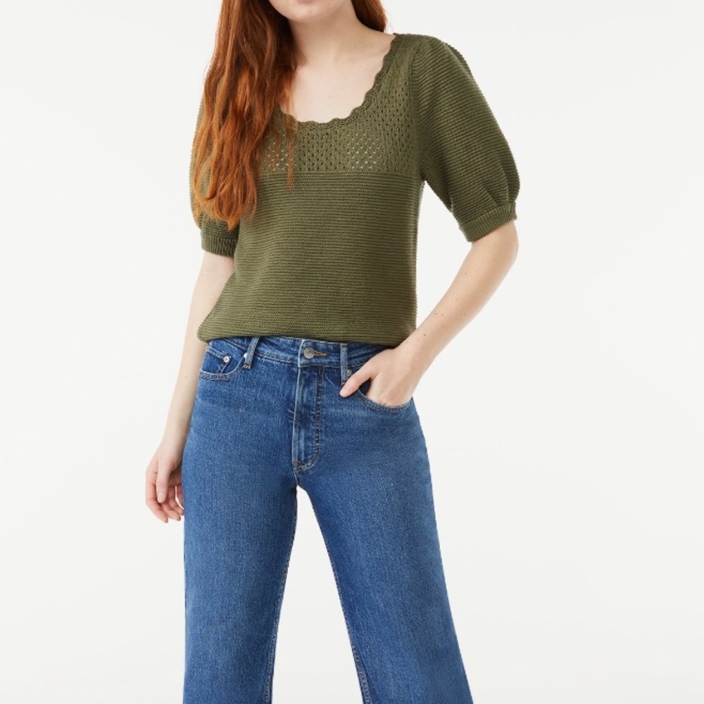 Free Assembly olive green crochet puff sleeve sweater top - Picture 8 of 9